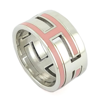 Hermes 愛馬仕 925純銀-粉紅色琺瑯瓷MOVE H寬版戒指(展示品)