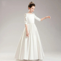 Princess Dress Girls' Evening Dress White Sleeved Children's Birthday Flower Child Wedding Little Gi