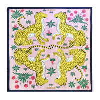 【Hermes 愛馬仕】Les Leopards 140 cm手工捲邊喀什米爾與真絲混紡方巾(海軍藍/玫瑰)