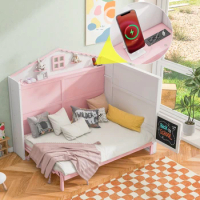 Wood Full Size House Murphy Bed with USB, Storage Shelves and Blackboard, House and Window, for Bedroom, Pink+White