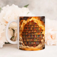 3D Book Mug Wrap, 11oz Tea Cups, Bookshelf Ceramic White Cup,Coffee Mug Hole, Perfect Gift for Book Lovers