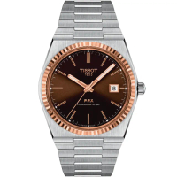 【TISSOT 天梭 官方授權】PRX系列 18K金 70年代復刻機械錶-咖啡/40mm 母親節 禮物 送禮(T9314074129100)
