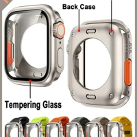 2 in 1 tegmental case For Apple Watch 44mm 45mm 41mm 40mm Tempered Glass Cover Change to Ultra For iWatch Series 8 7 SE 6 5 3