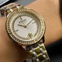 VERSUS VERSACE40mm圓形金色精鋼錶殼白色, 幾何立體圖形錶盤精鋼金銀相間錶帶款VV00082