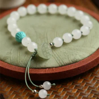 Exquisite High Quality Fresh Lotus Seedpod Green Bangles Natural Hotan Jade White Beaded Tassel Bracelet for Women Jewelry