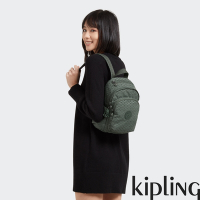 Kipling 軍綠老花格紋拉鍊式小巧收納後背包-DELIA MINI