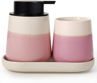 INGOFIN 3PC Ceramic Bathroom Set - Green Foam Soap Dispenser Toothbrush Holder & Tray    Countertop 