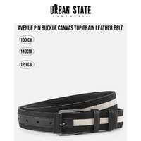 Urban State - Avenue Pin Buckle Canvas Top Grain Leather Belt - Black One Size 110 cm