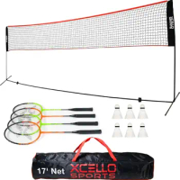 Complete Badminton Racket Set - Includes 17-Foot Foldable Net, 4 Rackets, 6 Shuttlecocks, and Carry Bag