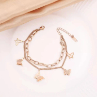Visimary • Fatimah Gelang Tangan Titanium Wanita Rantai 2 Layer Paperclip Kombinasi Bandul Kupu-Kupu