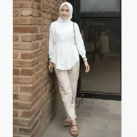 VYO Laura Blouse Wanita Kerut Depan Baju Atasan Kemeja Kerja Polos Lengan Panjang One Size PUTIH