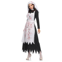 Halloween Costume Adult Horror Bloody Nun Costume Cosplay Nun Maid Zombie Irregular Long Dress