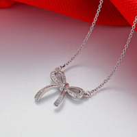 Solid 14K White Gold AU585 Bowknot micro-set collarbone chain necklace 18k gold moissanite diamond necklace delicate