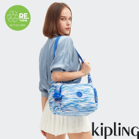 Kipling 藍粉海洋波紋印花多袋實用側背包-GABB