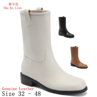 Spring Autumn Women Mid Calf Boots Genuine Leather 3.5 CM Low Med Heel Shoes Woman Short Boots botas Small Plus Size 32 - 48