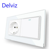 Delviz 16A Wall Light Switch,1 Gang 2Way / 1Way push button on-off, White Tempered Crystal Glass Panel, EU Standard Power Socket