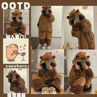 卡皮巴拉睡袍 水豚珊瑚絨睡袍 水豚睡衣 情侶睡衣 保暖睡衣 ins家居 小紅書 卡通睡袍 生日禮