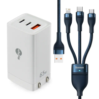 【MyStyle】65W GaN氮化鎵極速充電器-白+倍思 66W USB TO TYPE-C/Lightning/Micro快速充電線-藍(三孔1A2C)