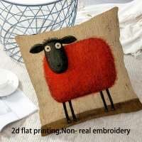 -BZT 1 Red Sheep Print Pillowcase Cushion Cover | Cute Face in Rural Farmhouse Style, Zipper Closure