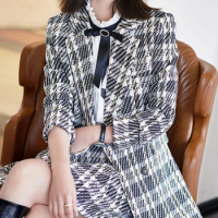 Yitimuceng Blue Black Plaid Blazer for Women Fall Winter 2203 New Korean Fashion Long Sleeve Jacket Office Ladies Casual Coats