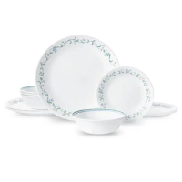 Corelle Country Cottage White and Green Round 12 Piece Dinnerware Set