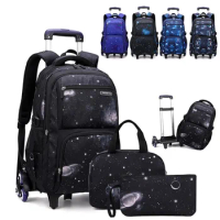 Kids School Bag with Wheels Rolling Backpack for Boy Wheeled School Bag Wheels Trolley Bookbag Carry on Luggage with Lunch Bag