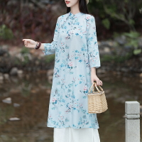 秋季新款中國風改良苧麻旗袍小個子茶服寬松版遮肚連衣裙