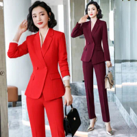 IZICFLY New Style Autumn Winter Wine Red Office Work Wear Clothes For Women Blazer Set Trouser Business Elegant Pant Suit Outfit