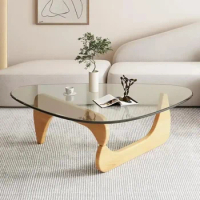 Modern Coffee Table Triangle Glass Top Natural Wood Base Triangle Coffee Table for Living Room