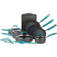 Classic Brights Hard Anodized Nonstick Cookware Pots and Pans Set, 15 Piece - Agave Blue