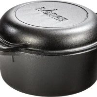 Lodge 5 Quart Pre-Seasoned Cast Iron Double Dutch Oven with Lid - Dual Handles - Lid Doubles as 10.25 Inch Cast Iron Grill Pan