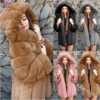 VOLALO Winter Jackets for Women 2024 Imitation Fox Fur Fur Coat Women New Outerwears Faux Fur Coat Hooded Fur Jacket