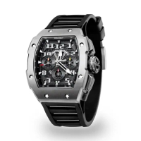 WISHDOIT GT Chronograph Watch Mens Luxury Tonneau Watch Calendar Date Luminous Waterproof FKM Rubber Strap Replica Wristwatch