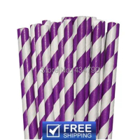 200 Pcs Deep Purple Striped Paper Drinking Straws USA,Decorative Wedding, Baby Shower, Birthday, Made in USA