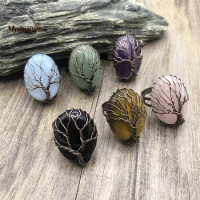 Boho Tree Of Life Wire Wrap Oval Natural Rose Quartzs Aventurine Amethysts Crystal Stone Vintage Rings For Women MY220783