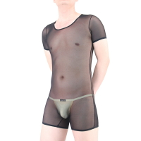 男士睡衣男透明連體衣超薄塑身衣收腹束腰一片式性感短袖絲滑修身