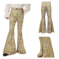 Men Pants 1970s Retro Vintage Disco Mid Waist Bell Bottom Super Flares Long Pants Printed Trousers Jazz Dance Halloween Suit