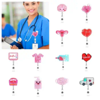 Love Heart Nurse Retractable Badge Reel Glitter Acrylic Name Card Holder Work Card Clips ID Card Clips Hospital Badge Holder