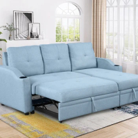 80.3" Orisfur. Pull Out Sofa Bed Modern Padded Upholstered Sofa Bed , Linen Fabric 3 Seater Couch with Storage Chaise and Cup Ho
