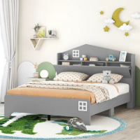 Wooden Full Size House Bed with Storage Headboard ,Funny Design Kids Bed with Storage Shelf,Space Saving,Solid Construction