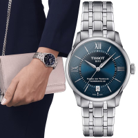 TISSOT天梭 官方授權 杜魯爾系列 典雅羅馬機械腕錶-藍 禮物推薦 畢業禮物 34mm/T1392071104800