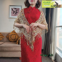 【現貨】禮服披肩 春夏薄款金色亮片披肩三角巾流蘇復古配旗袍禮服穿的外搭婚禮媽媽-Misaki精品
