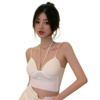 Women's Sexy Thin Ice Silk Halter Camisole Deep V neck Chest Wrap With Fixed Chest Pad Solid Soft Breathable Casual Crop Top