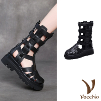 【Vecchio】真皮涼鞋 厚底涼鞋/真皮頭層牛皮復古厚底百搭羅馬涼鞋(黑)