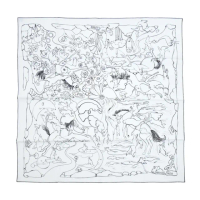 【Hermes 愛馬仕】Mille et Un Lapins 90 手工捲邊斜紋真絲方巾(白/黑)
