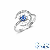 【925 STARS】純銀925閃耀美鑽鋯石太陽與月亮造型開口戒 戒指(純銀925戒指 美鑽戒指)