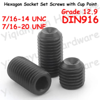 Yiqianyuan 7/16-14 UNC 7/16-20 UNF DIN916 Grade 12.9 Alloy Steel Hexagon Socket Set Screws with Cup Point Headless Grub Bolts