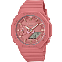 【CASIO 卡西歐】G-SHOCK 簡約纖薄八角錶殼運動雙顯腕錶/珊瑚粉x玫瑰金刻度(GMA-S2100-4A2)