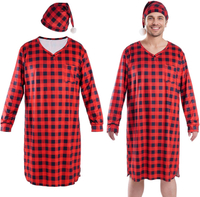 Christmas Plaid Sleep Shirt Men Long Sleeve Nightshirt Men Sleepwear Pajamas with Hat for Christmas 