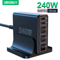 Ubigbuy 240W USB C Charging Station, 8 Ports GaN Desktop Charger, 100W USB-C Laptop Adapter for MacBook Pro/Air iPhone Samsung